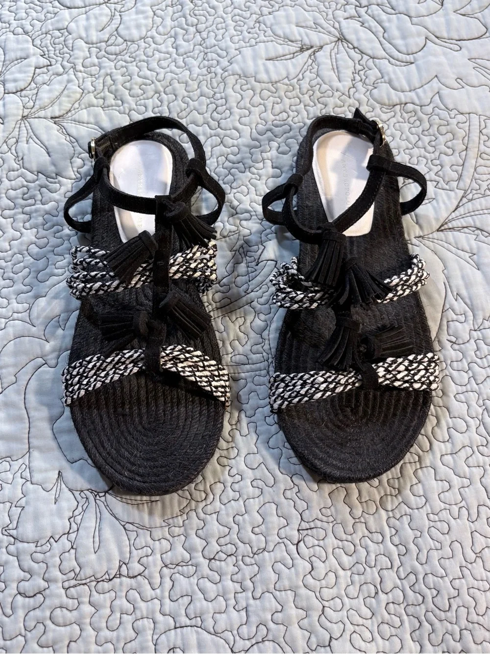 Anthropologie Fringed Rope Tassel Sandals Black White Woven Boho Sandals Sz 8💛